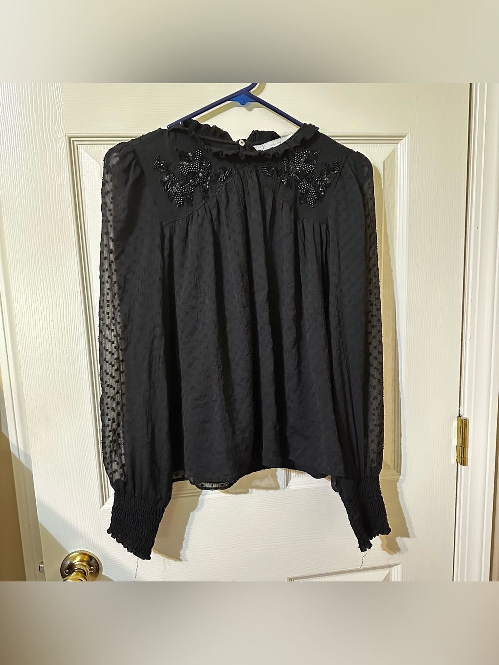 Zara Black Beaded Swiss-Dot Sheer Sleeve Blouse